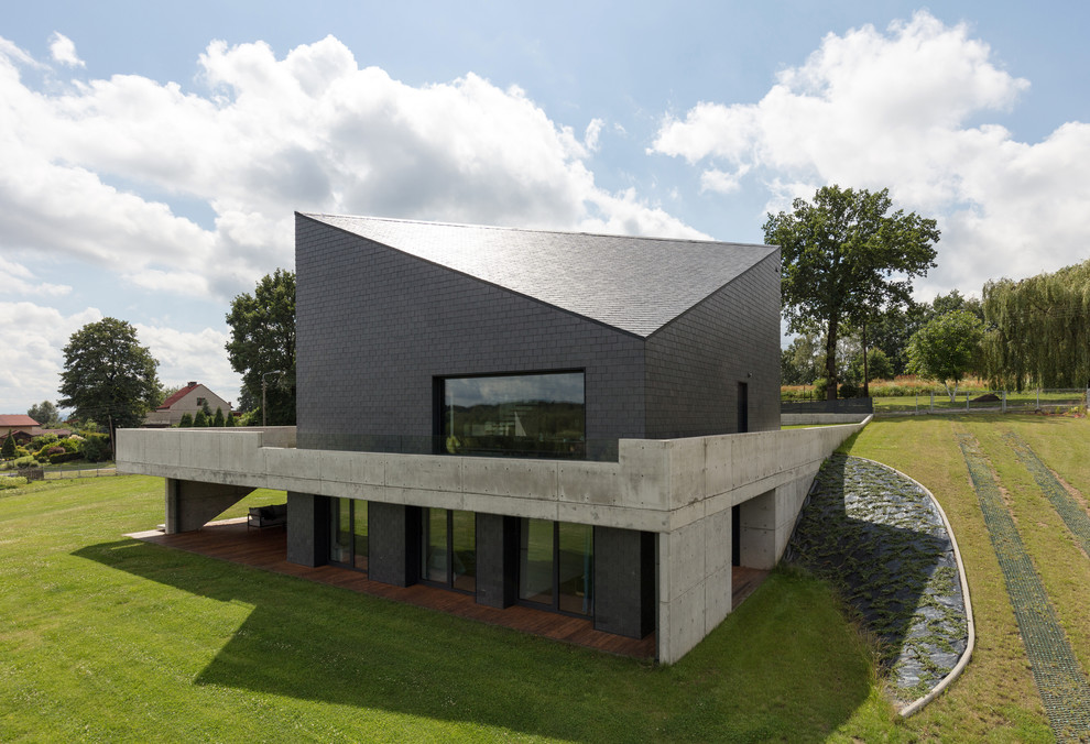 Cette photo montre une grande façade de maison grise tendance à un étage avec un revêtement mixte.