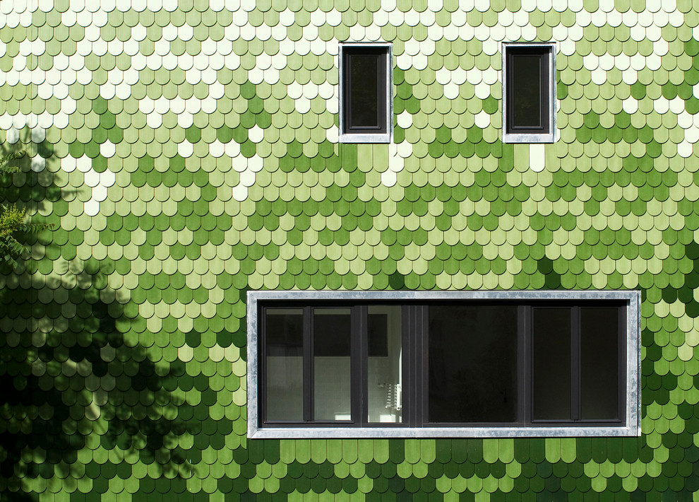 Источник вдохновения для домашнего уюта: маленький, зеленый дом в современном стиле с плоской крышей для на участке и в саду