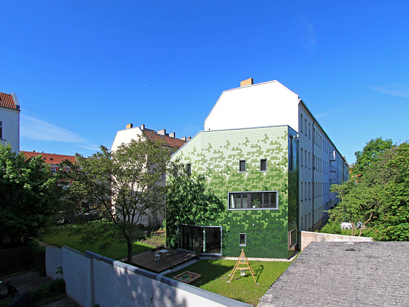 Kleines Modernes Haus mit grüner Fassadenfarbe und Flachdach in Berlin