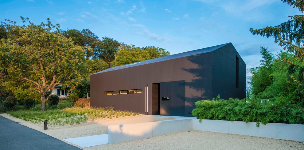 Cette image montre une façade de maison noire minimaliste de taille moyenne et à un étage avec un toit à deux pans.