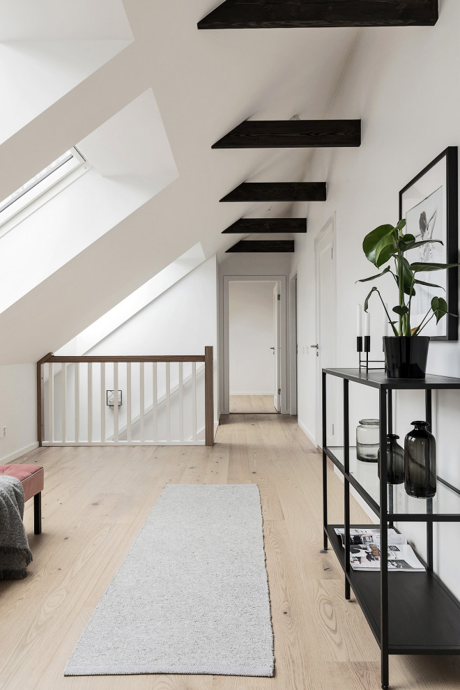 Idéer för mellanstora minimalistiska hallar, med vita väggar, ljust trägolv och beiget golv