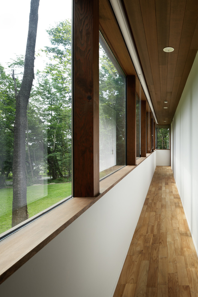 Imagen de recibidores y pasillos modernos con paredes blancas y suelo de madera clara