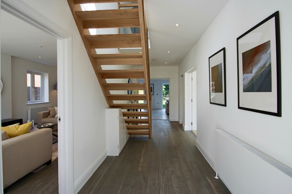 Inspiration for a mid-sized contemporary dark wood floor hallway remodel in Other with white walls