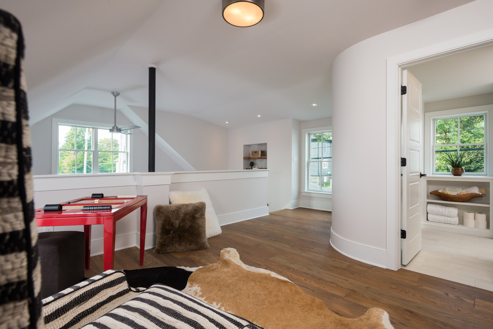 Hallway - large cottage medium tone wood floor and brown floor hallway idea in New York with white walls