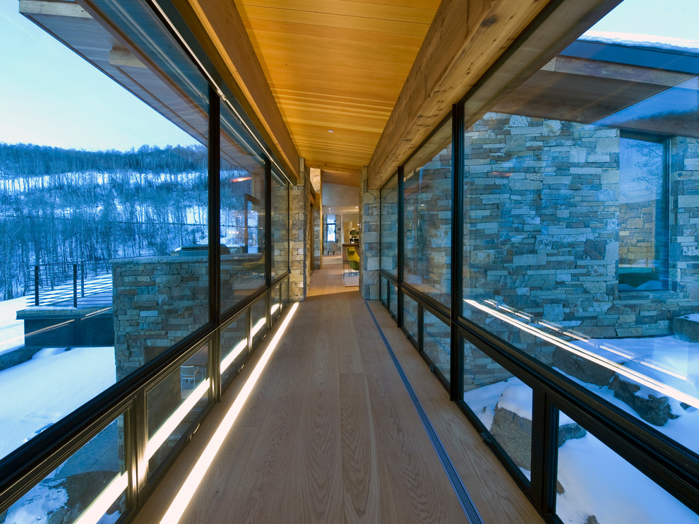 Imagen de recibidores y pasillos actuales con suelo de madera en tonos medios