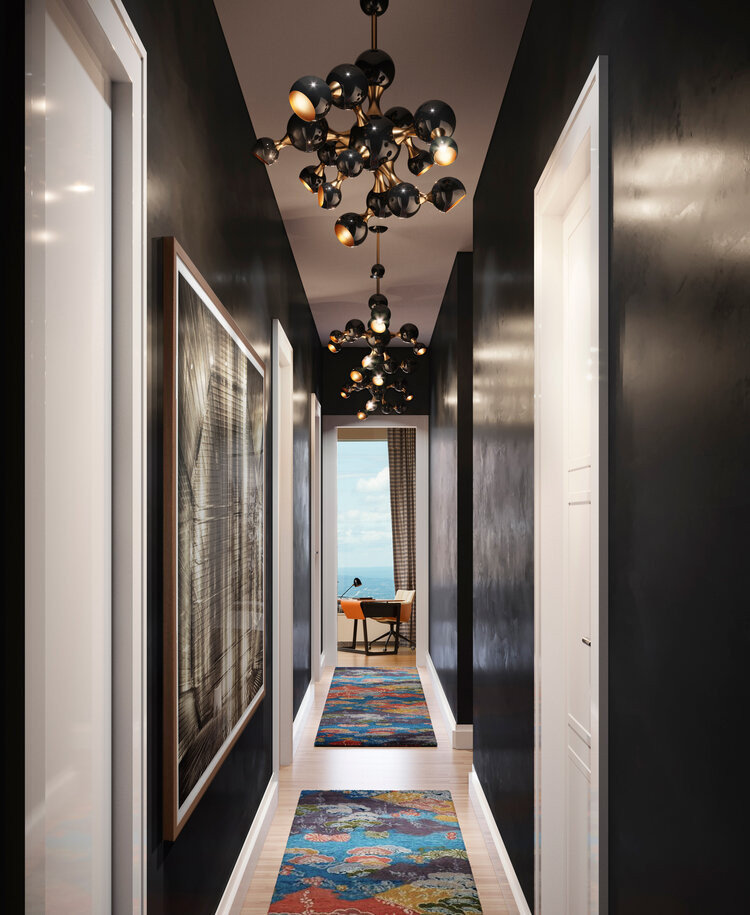 Источник вдохновения для домашнего уюта: коридор в современном стиле с черными стенами и светлым паркетным полом