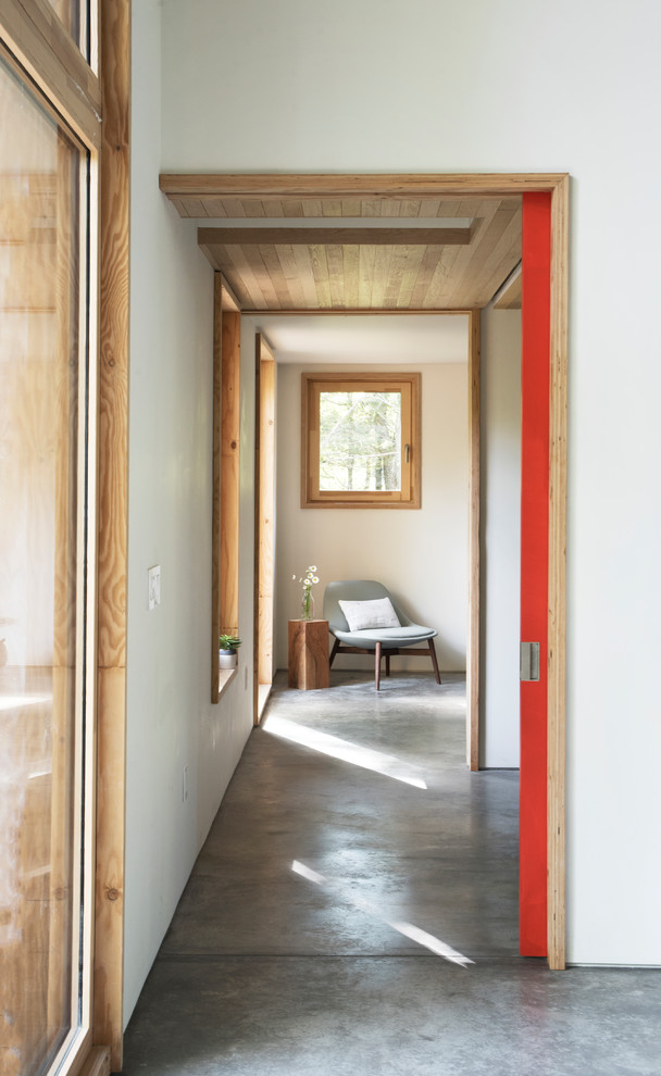 Cette image montre un couloir design de taille moyenne avec sol en béton ciré, un mur blanc et un sol gris.