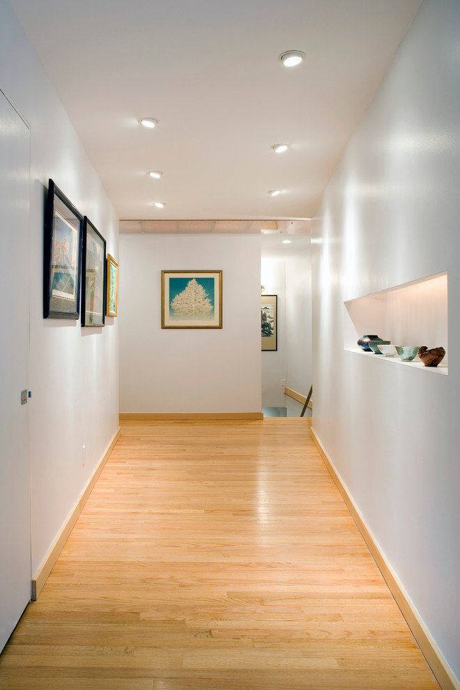 Immagine di un grande ingresso o corridoio minimalista con pareti bianche, parquet chiaro e pavimento marrone