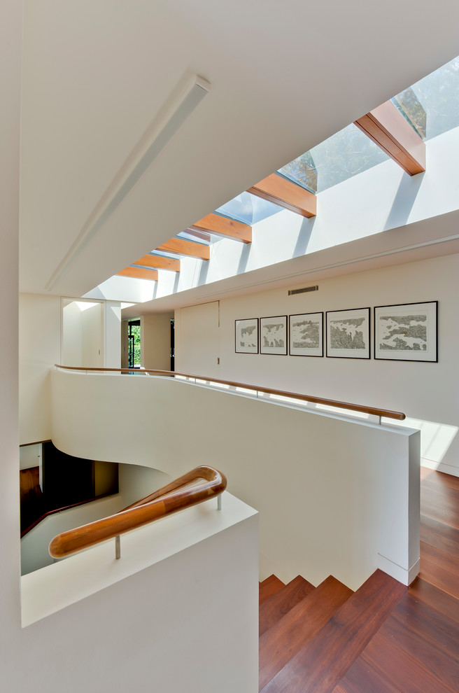 Diseño de recibidores y pasillos modernos con paredes blancas, suelo de madera en tonos medios y suelo marrón