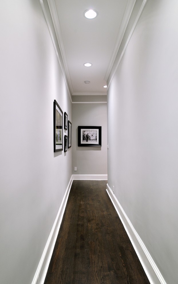 Inspiration for a mid-sized contemporary dark wood floor hallway remodel in New York with gray walls