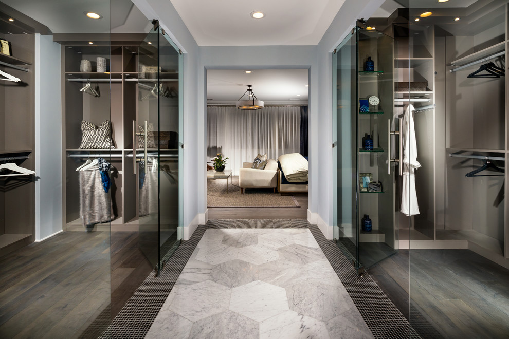 Example of a large trendy hallway design in Orange County with gray walls