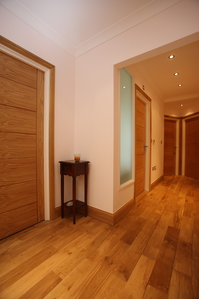 Стильный дизайн: коридор среднего размера в стиле модернизм с розовыми стенами, паркетным полом среднего тона и коричневым полом - последний тренд