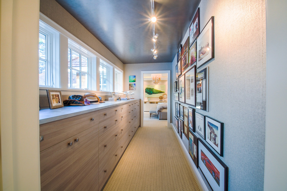 Mid-sized beach style carpeted hallway photo in Minneapolis with gray walls