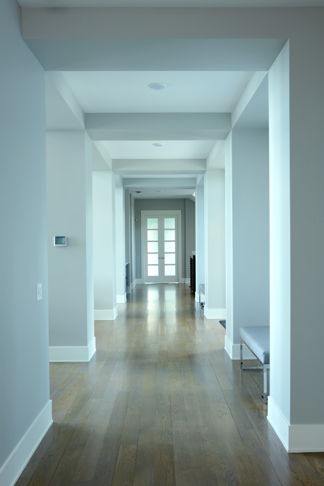 Hallway - large transitional medium tone wood floor hallway idea in Grand Rapids with gray walls