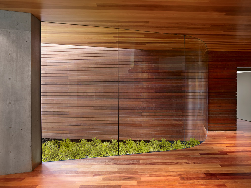 Ejemplo de recibidores y pasillos minimalistas grandes con paredes marrones y suelo de madera en tonos medios