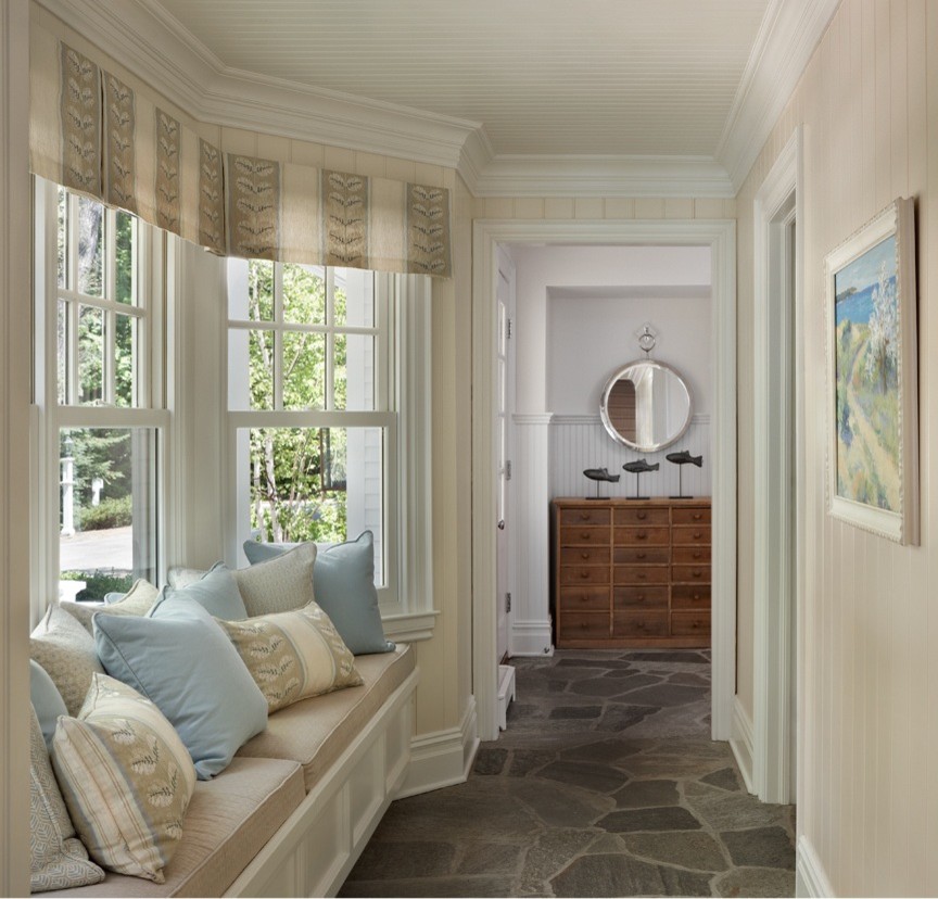 Hallway - mid-sized coastal slate floor hallway idea in Other with white walls