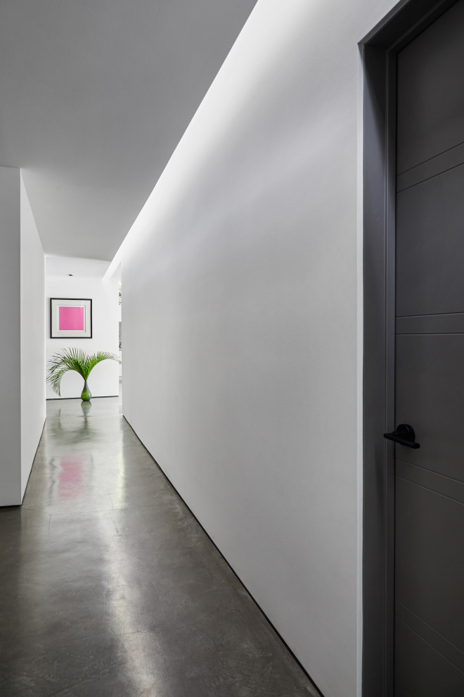 Geräumiger Moderner Flur mit weißer Wandfarbe, Betonboden und grauem Boden in Los Angeles