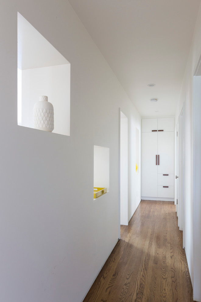 Foto de recibidores y pasillos modernos de tamaño medio con paredes blancas y suelo de madera oscura