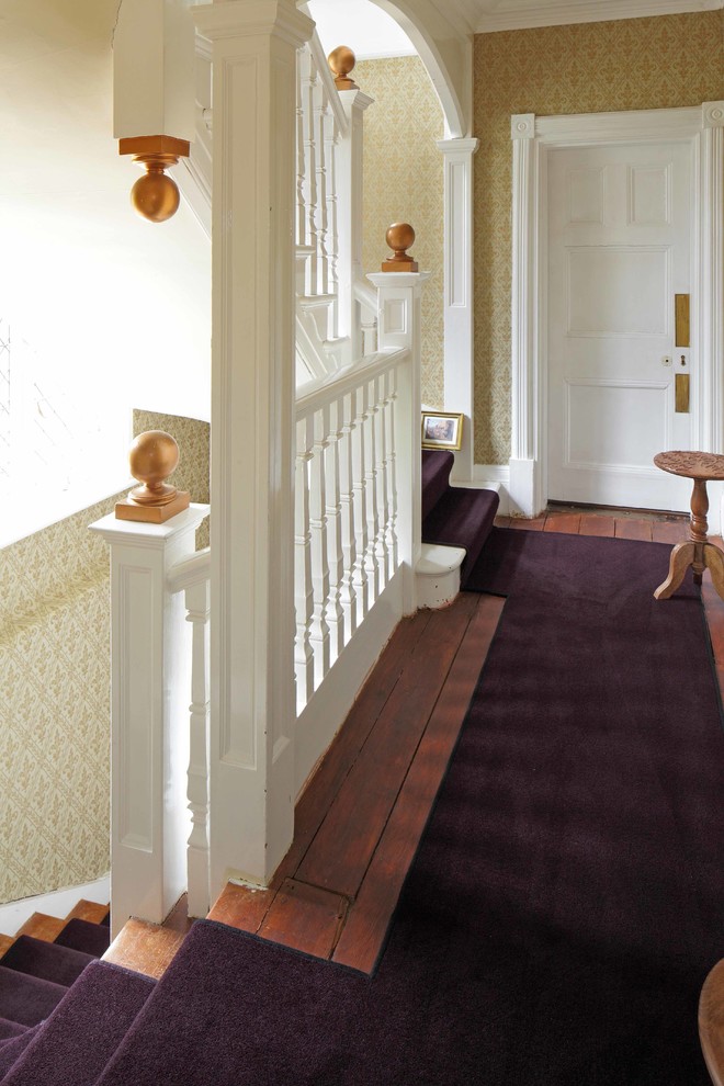 На фото: огромный коридор в классическом стиле с фиолетовыми стенами и ковровым покрытием с