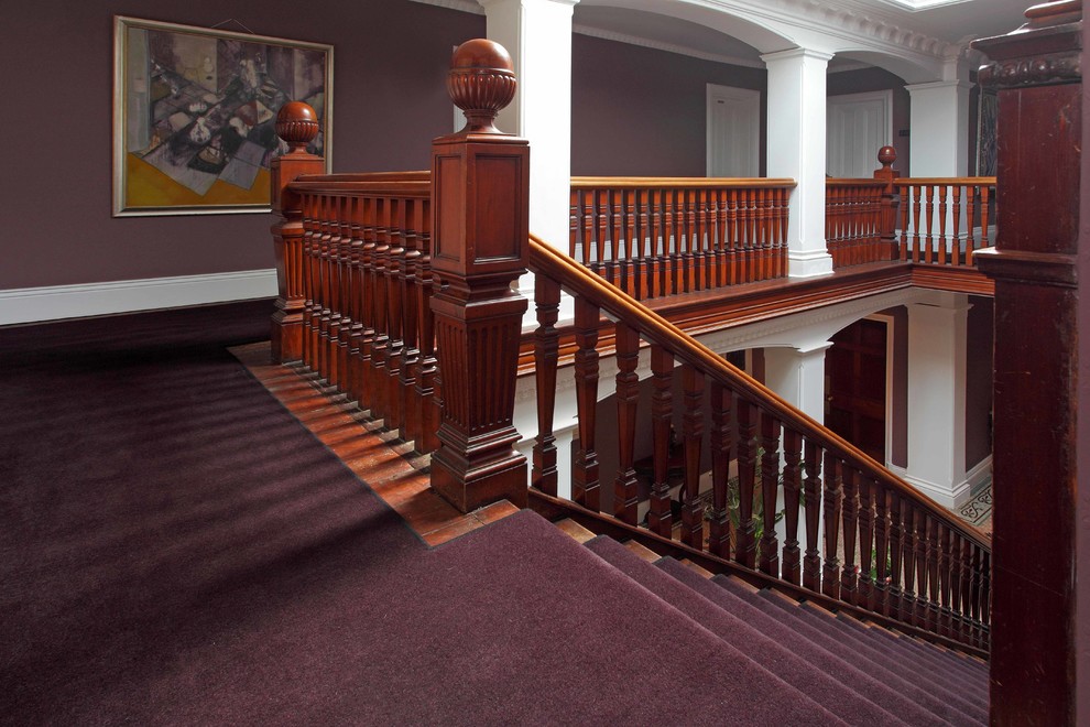 Immagine di un ampio ingresso o corridoio chic con pareti viola e moquette