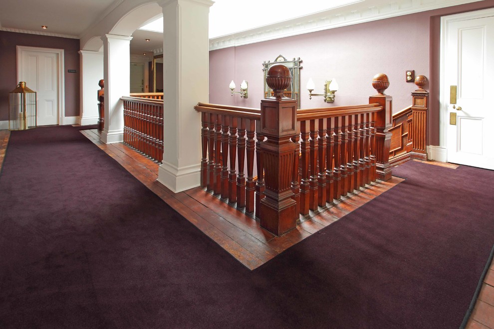 Immagine di un ampio ingresso o corridoio tradizionale con pareti viola e moquette