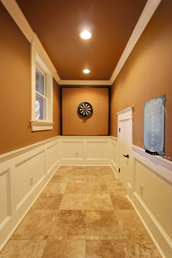 Hallway - huge transitional travertine floor hallway idea in Atlanta with brown walls