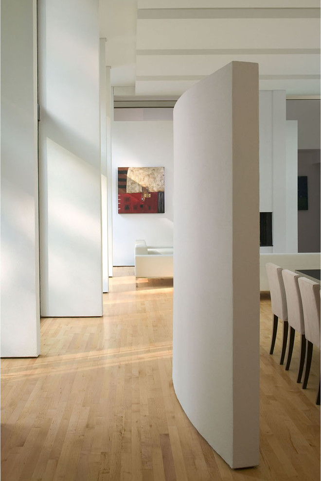 Idées déco pour un couloir moderne de taille moyenne avec un mur blanc et parquet clair.