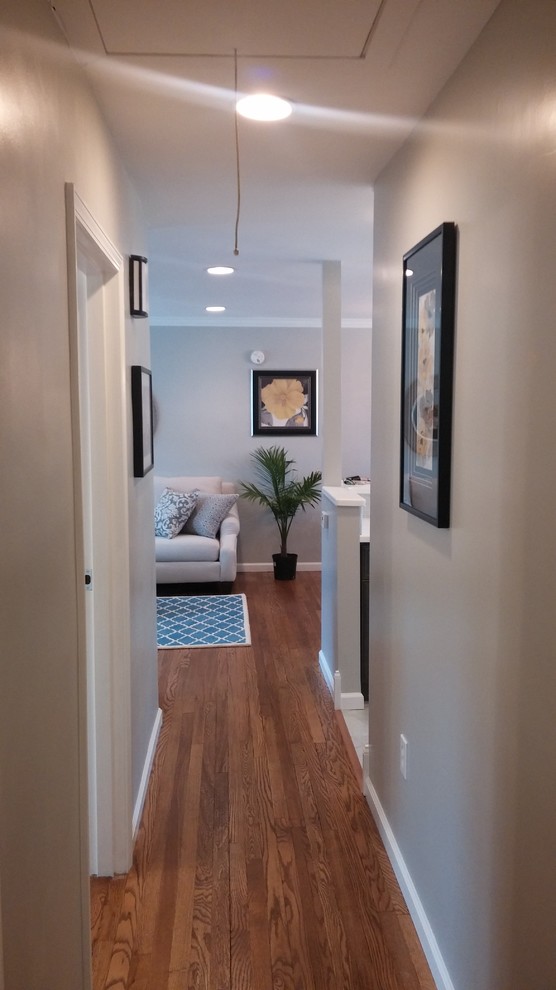 Cette image montre un petit couloir design avec un mur gris et parquet clair.