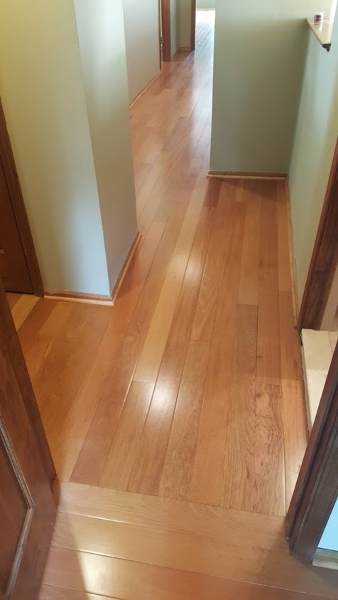 Example of a large classic medium tone wood floor hallway design in New York with blue walls