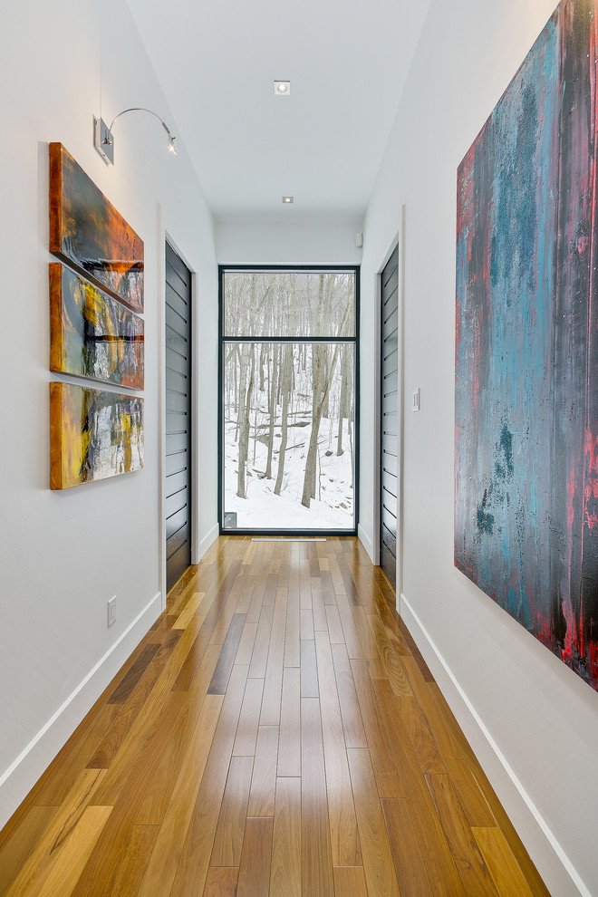 Réalisation d'un couloir design avec un mur blanc et un sol en bois brun.