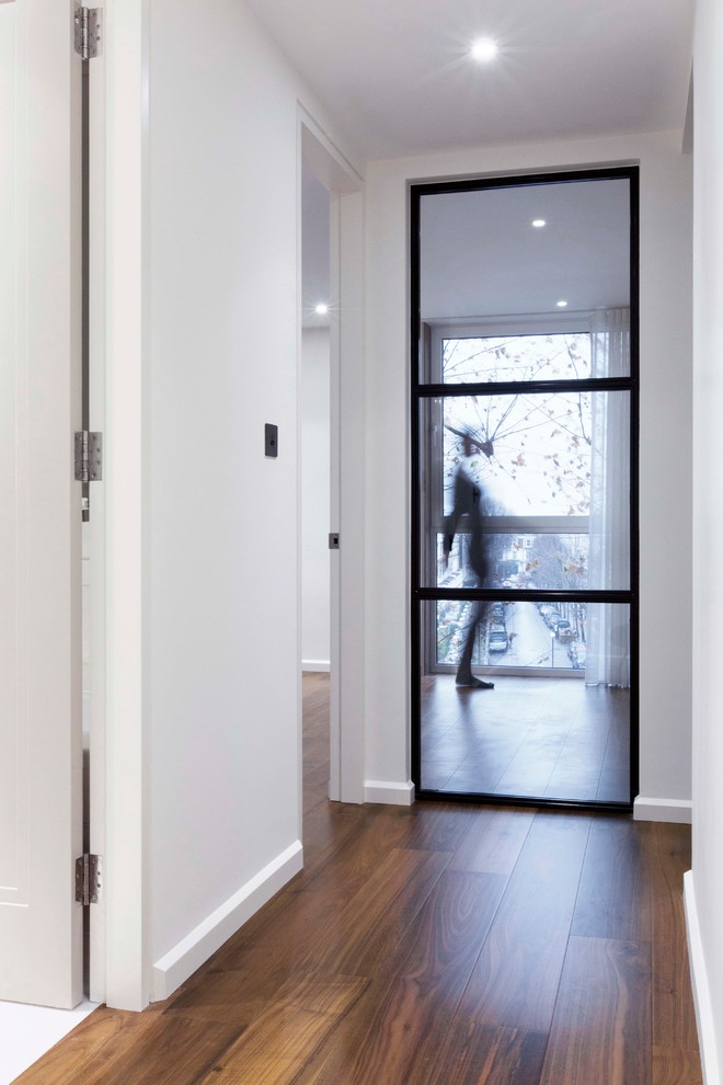 Стильный дизайн: коридор среднего размера в современном стиле с белыми стенами, темным паркетным полом и коричневым полом - последний тренд