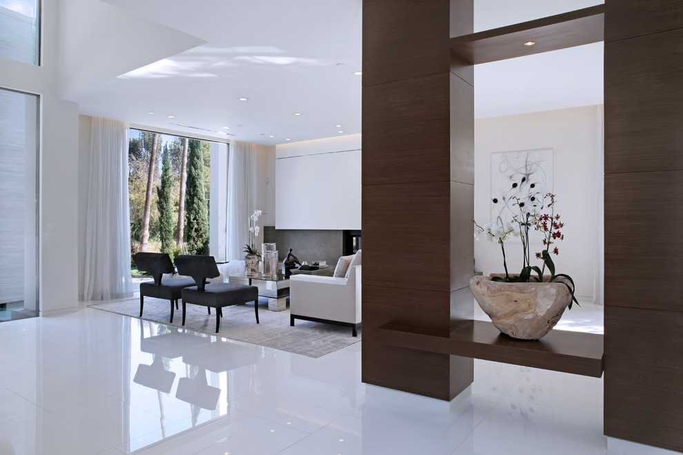 Стильный дизайн: большой коридор в стиле модернизм с коричневыми стенами - последний тренд