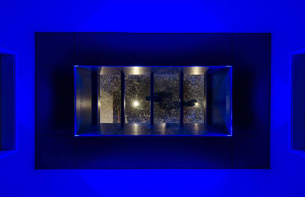 Immagine di un ingresso o corridoio minimalista di medie dimensioni con pareti blu e pavimento con piastrelle in ceramica