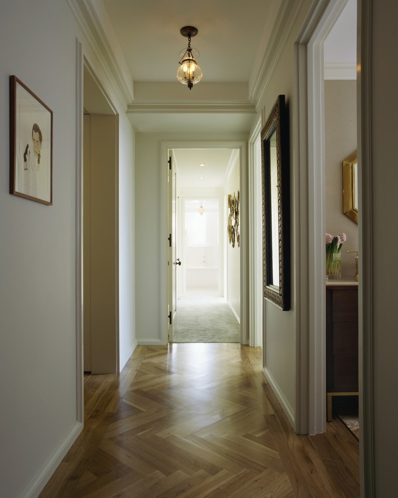 Идея дизайна: коридор в классическом стиле с бежевыми стенами и паркетным полом среднего тона
