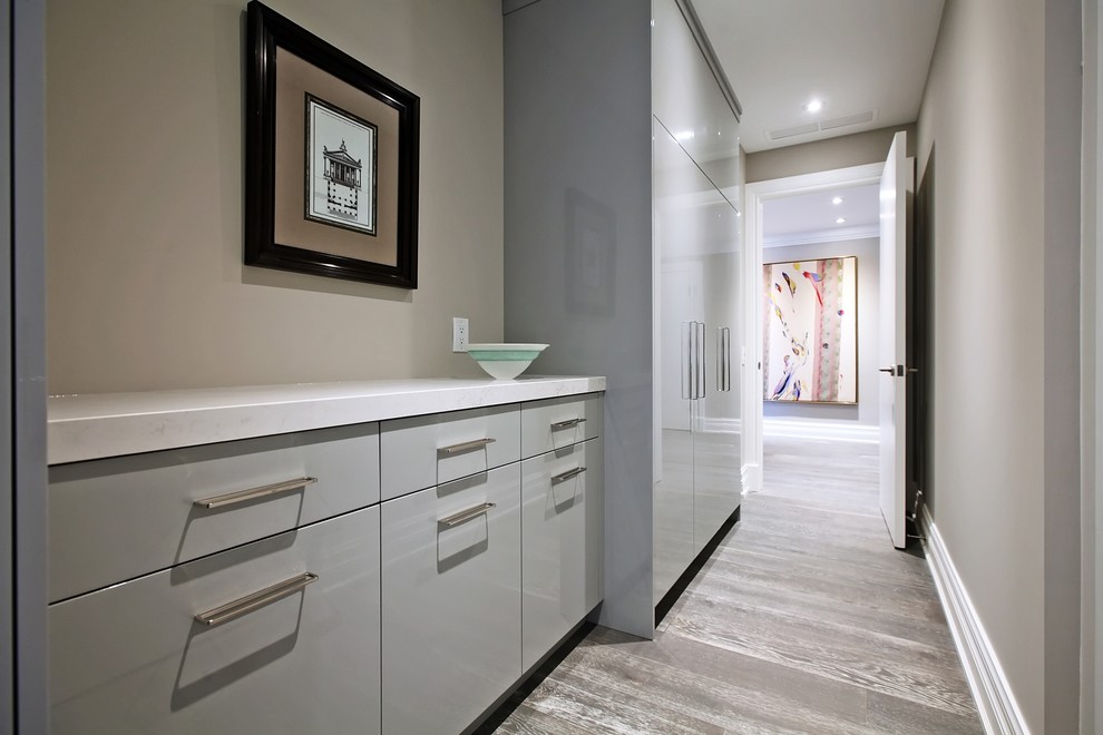 Idée de décoration pour un couloir design de taille moyenne avec un mur gris, parquet foncé et un sol gris.