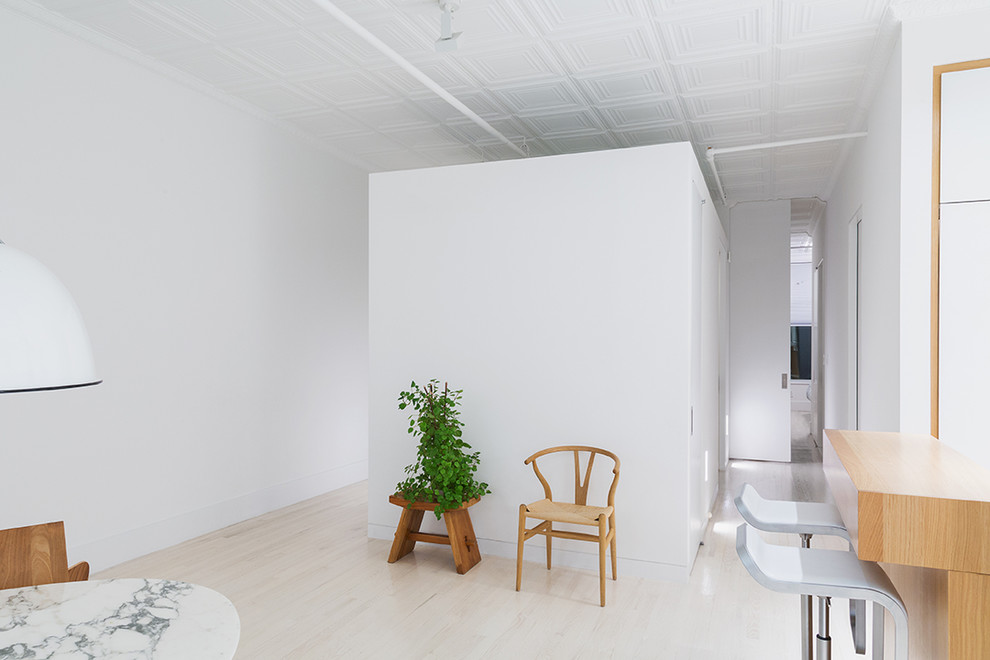 Ejemplo de recibidores y pasillos minimalistas de tamaño medio con paredes blancas y suelo de madera clara