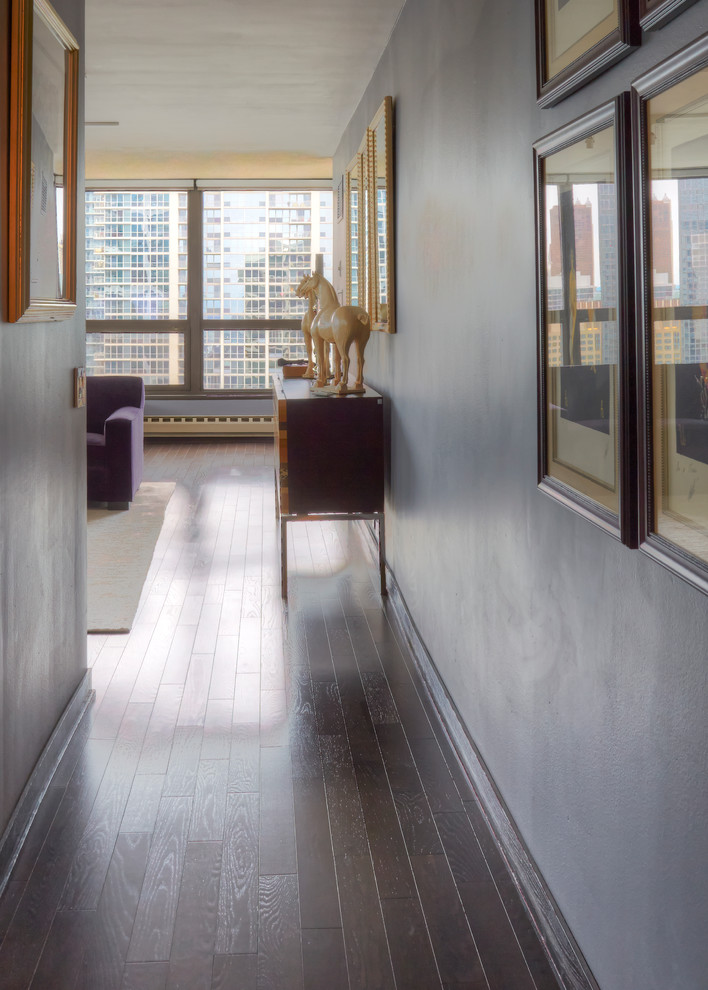 Example of a mid-sized minimalist dark wood floor hallway design in Chicago with blue walls