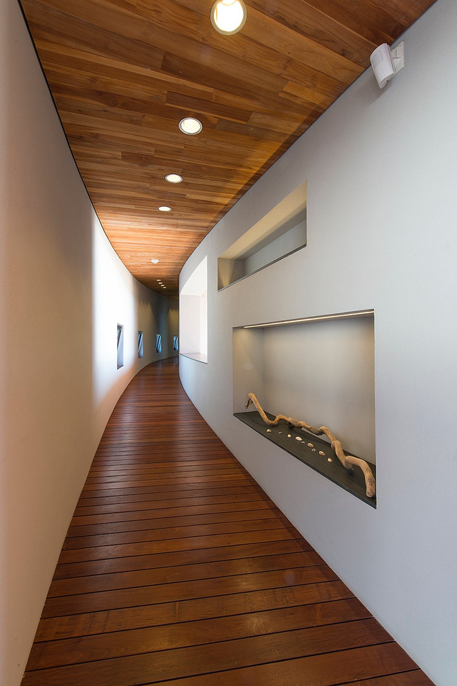 Источник вдохновения для домашнего уюта: большой коридор в современном стиле с серыми стенами, темным паркетным полом и коричневым полом