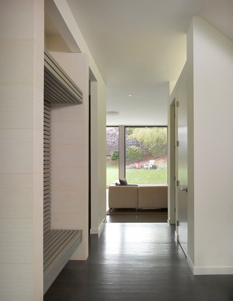 Источник вдохновения для домашнего уюта: коридор среднего размера в стиле модернизм с белыми стенами, темным паркетным полом и коричневым полом