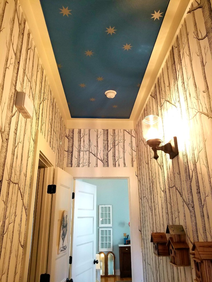 Inspiration for a farmhouse wallpaper hallway remodel in Little Rock