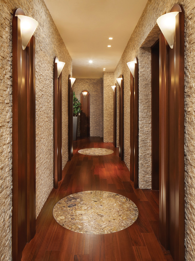 Hallway - contemporary dark wood floor hallway idea in Miami with beige walls
