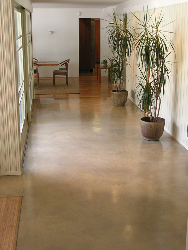 Cette photo montre un couloir moderne avec sol en béton ciré.