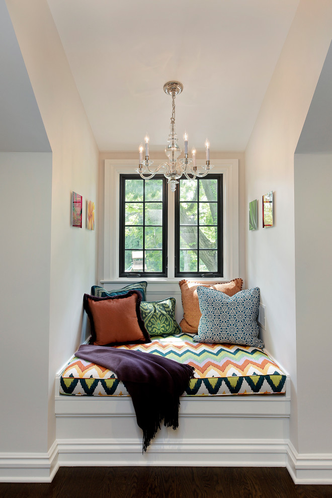 Trendy dark wood floor hallway photo in Other with white walls