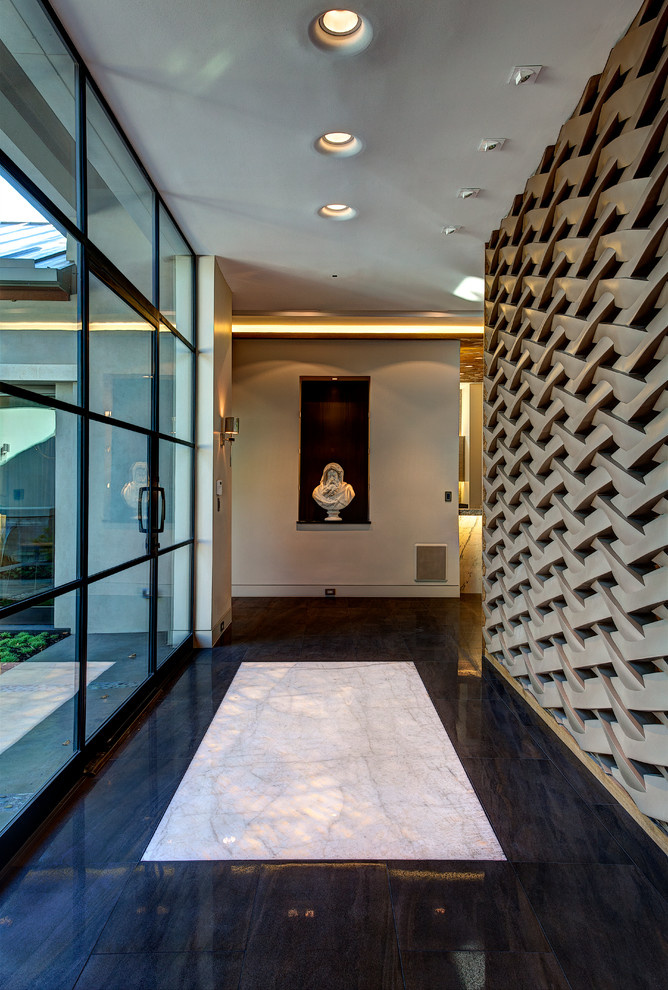 ダラスにある広いコンテンポラリースタイルのおしゃれな廊下 (白い壁、磁器タイルの床、黒い床) の写真