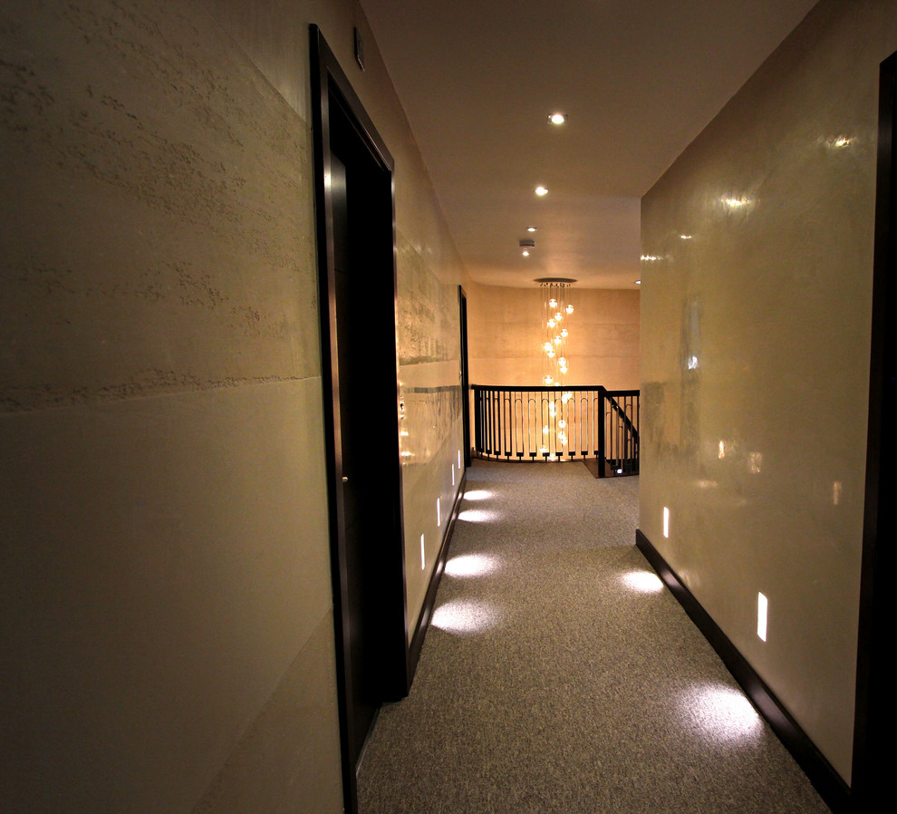 Cette photo montre un grand couloir tendance avec un mur beige et moquette.
