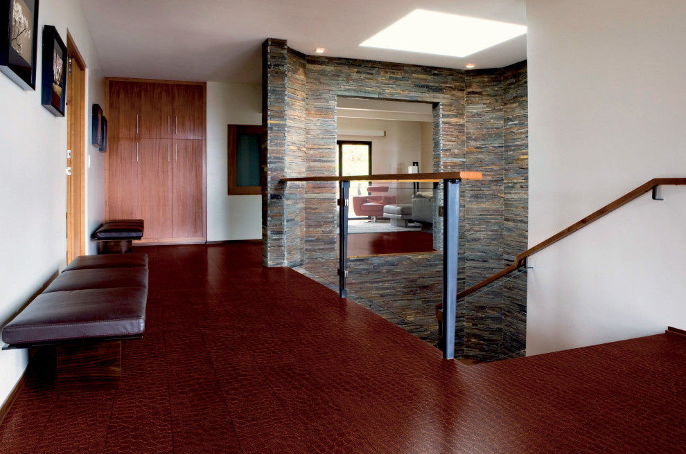 Immagine di un ingresso o corridoio minimalista con pareti multicolore, pavimento in sughero, pavimento marrone e pannellatura