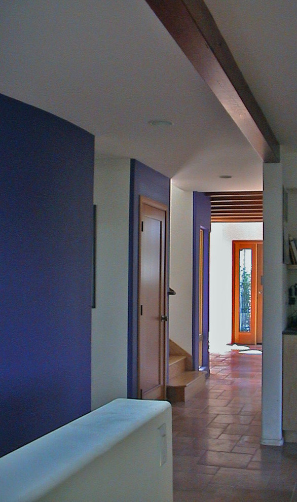 Réalisation d'un couloir design avec un mur violet et un sol en carrelage de céramique.