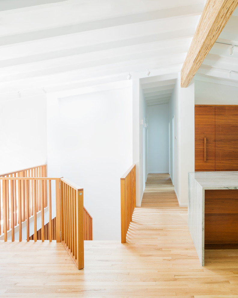 Modelo de recibidores y pasillos minimalistas de tamaño medio con paredes blancas, suelo de madera en tonos medios y suelo marrón