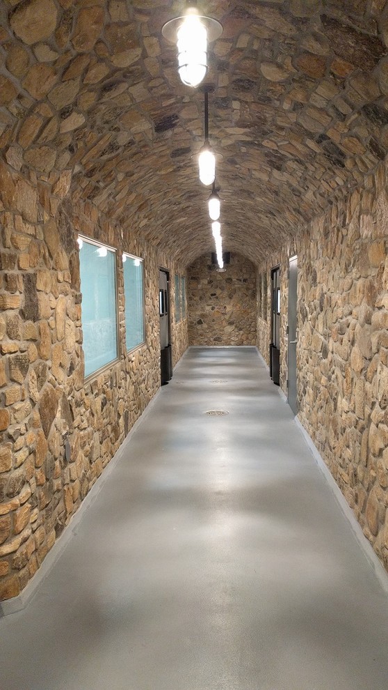 他の地域にある高級なラスティックスタイルのおしゃれな廊下 (茶色い壁、コンクリートの床、グレーの床) の写真