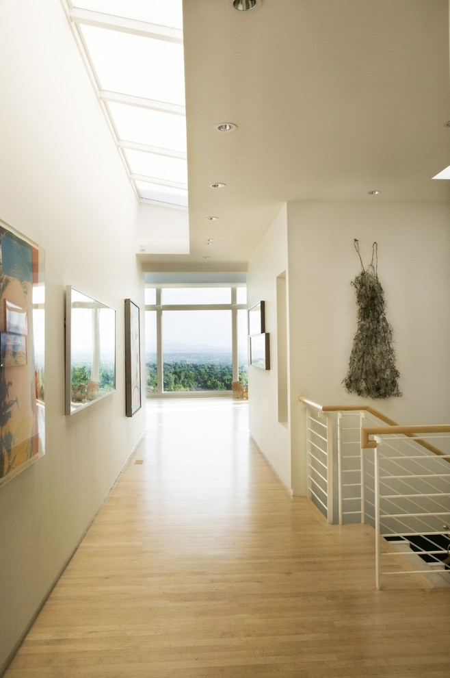 Immagine di un ingresso o corridoio contemporaneo con pareti bianche e pavimento in legno massello medio